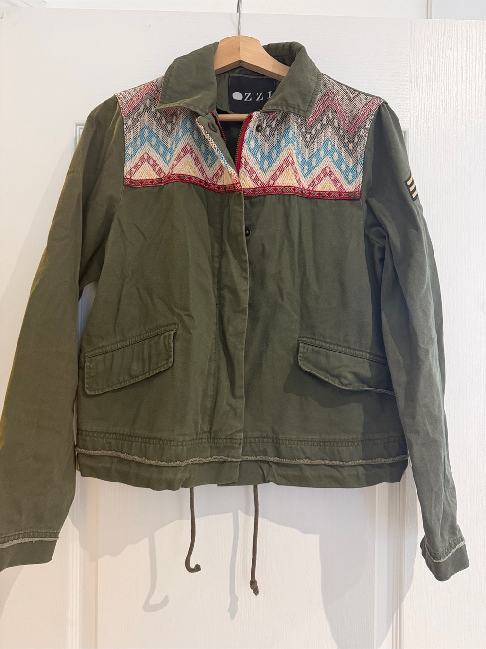Olive Utility Jacket with Multicolor Embroidered Yoke